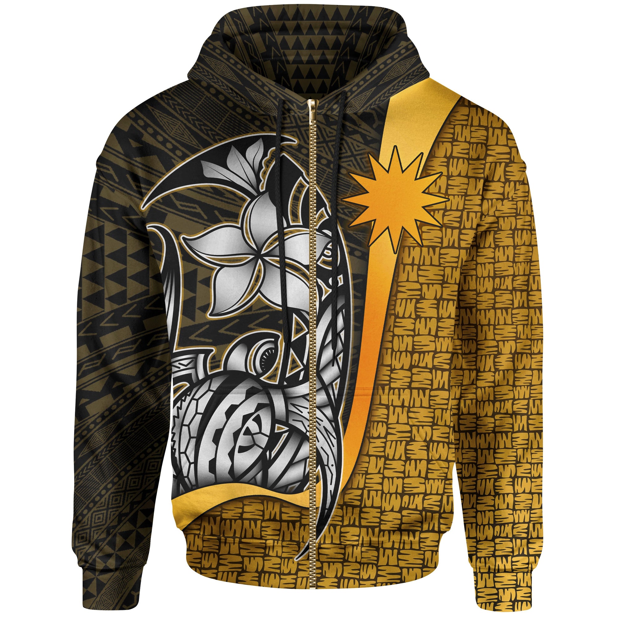 Nauru Polynesian Zip up Hoodie Gold Turtle with Hook Unisex Blue - Polynesian Pride