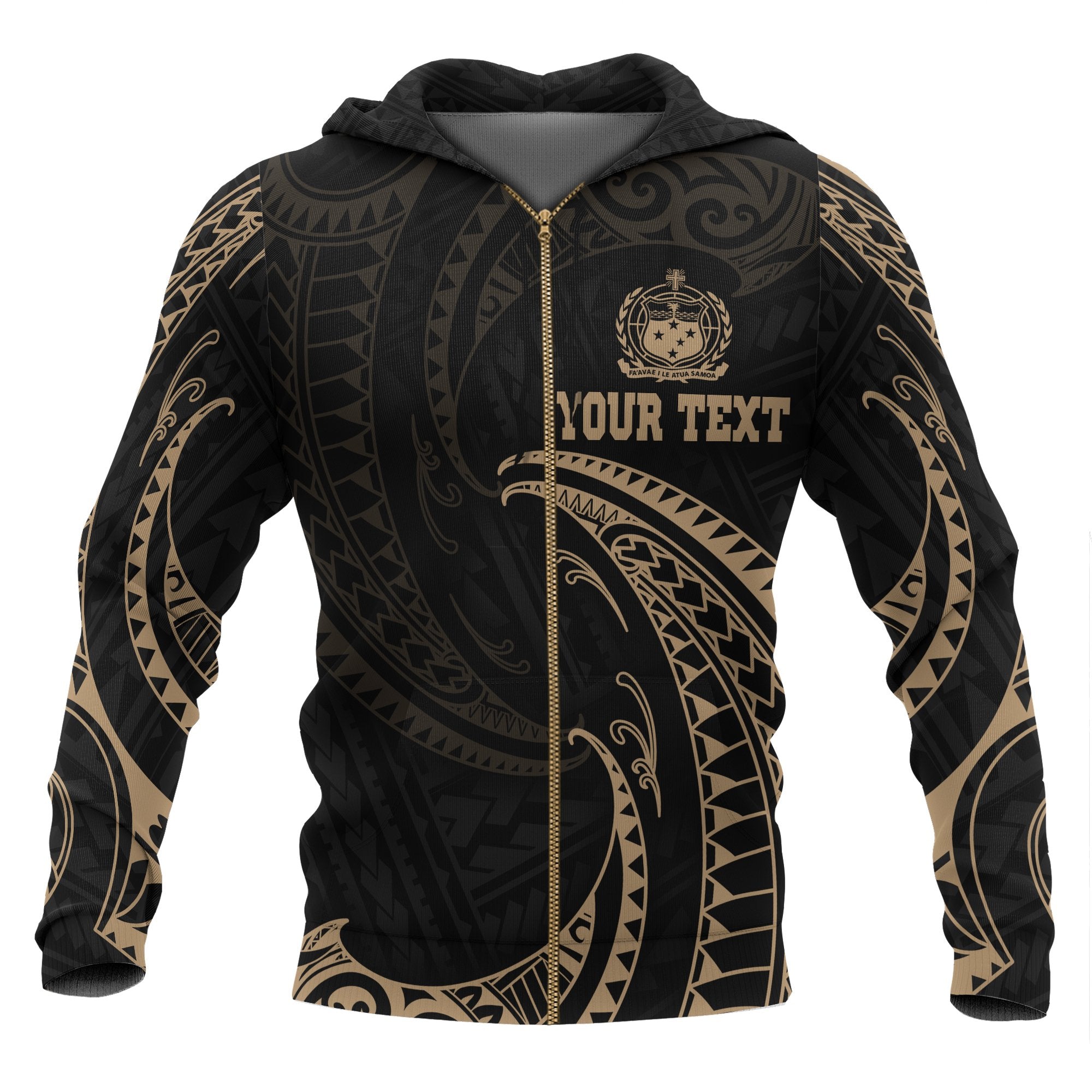 Samoa Polynesian All Over Custom Zip up Hoodie Gold Tribal Wave Unisex Black - Polynesian Pride