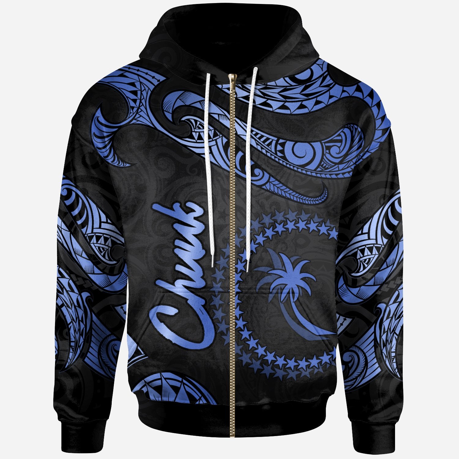 Chuuk Polynesian Zip Hoodie Polynesian Tattoo Green Version Unisex Blue - Polynesian Pride