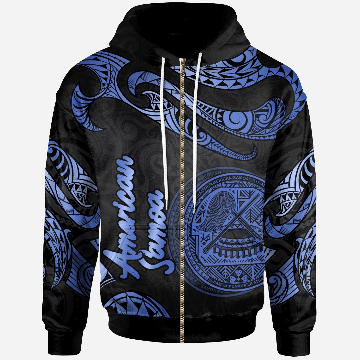 American Samoa Polynesian Zip Hoodie Polynesian Tattoo Blue Version Unisex Blue - Polynesian Pride