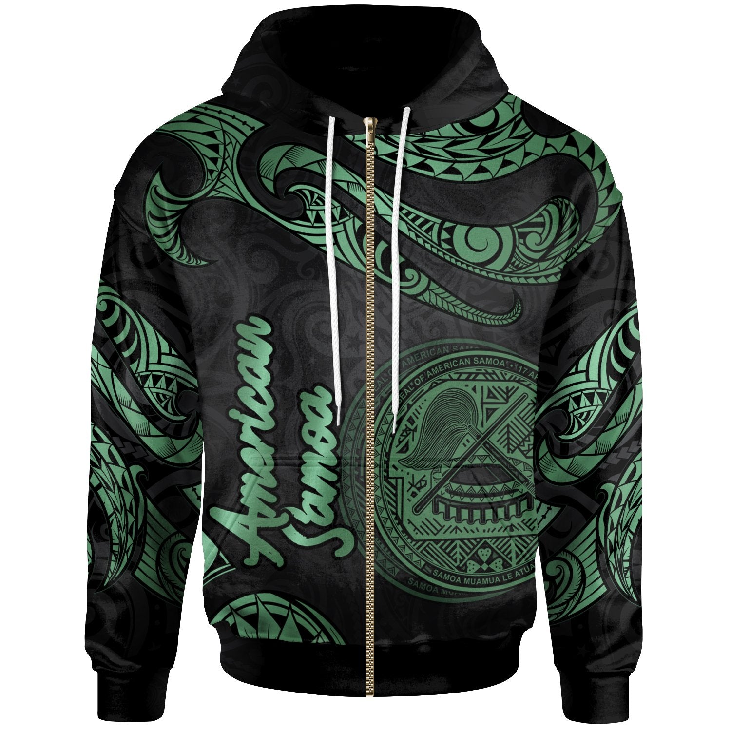 American Samoa Polynesian Zip Hoodie Polynesian Tattoo Green Version Unisex Green - Polynesian Pride