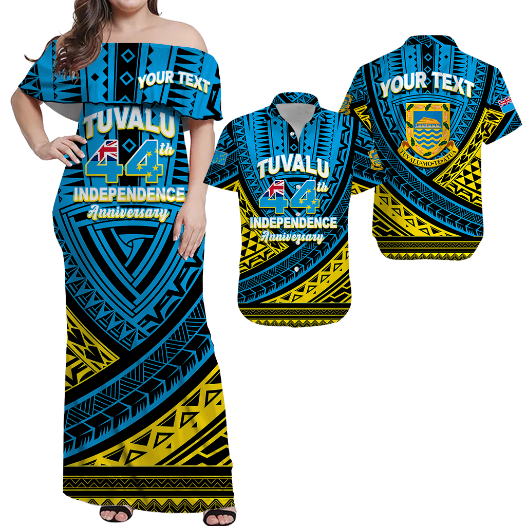 Custom Tuvalu Matching Dress and Hawaiian Shirt 44th Independence Anniversary Tribal Pattern LT12 Blue - Polynesian Pride