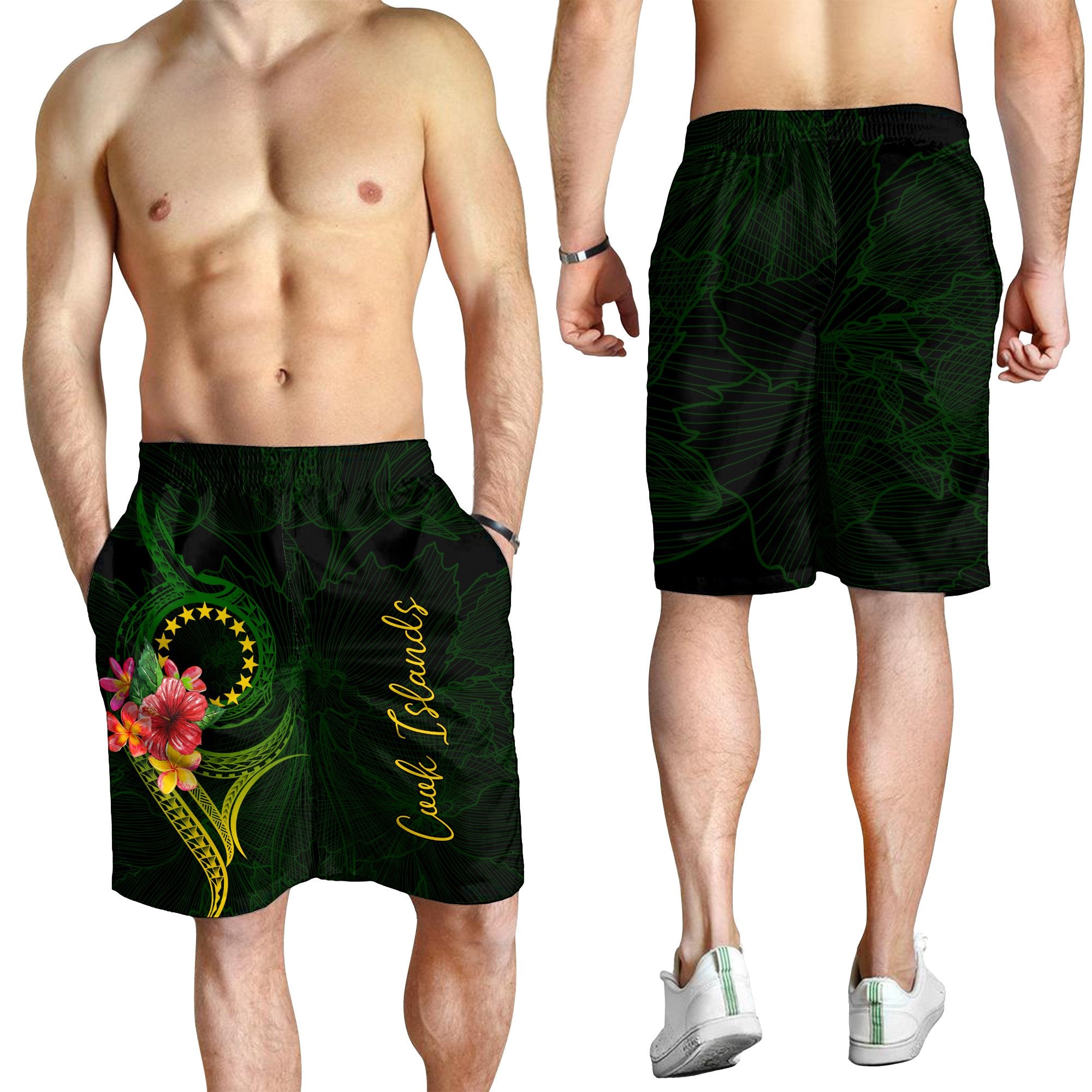 Cook Islands Polynesian Men's Short - Floral With Seal Flag Color - Polynesian Pride