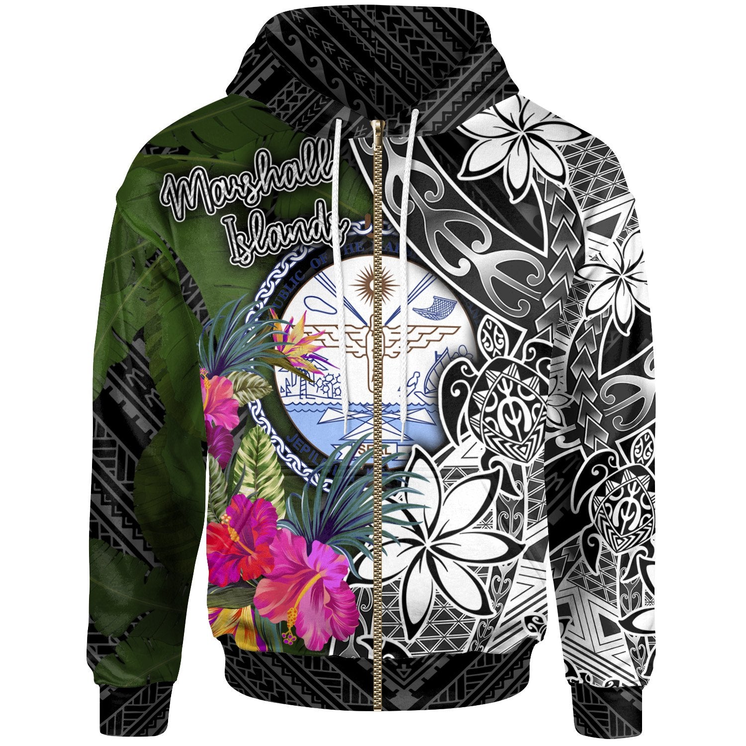 Marshall Islands Zip up Hoodie Turtle Plumeria Banana Leaf Crest Unisex Black - Polynesian Pride