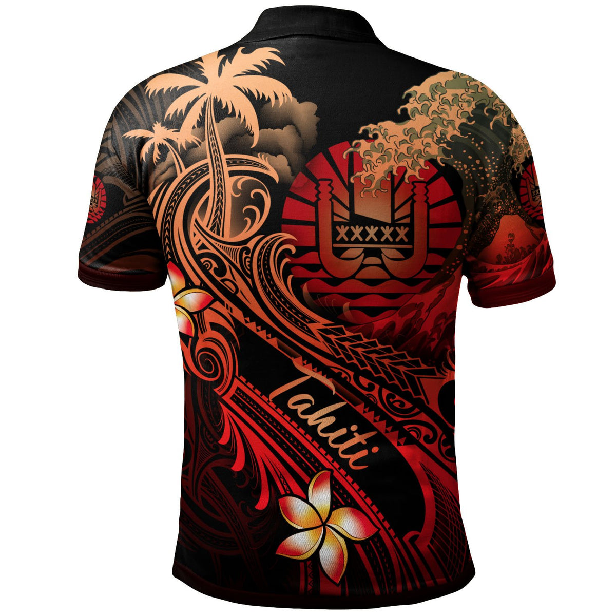 Tahiti Polynesian Polo Shirt Plumeria Flowers and Waves - Polynesian Pride