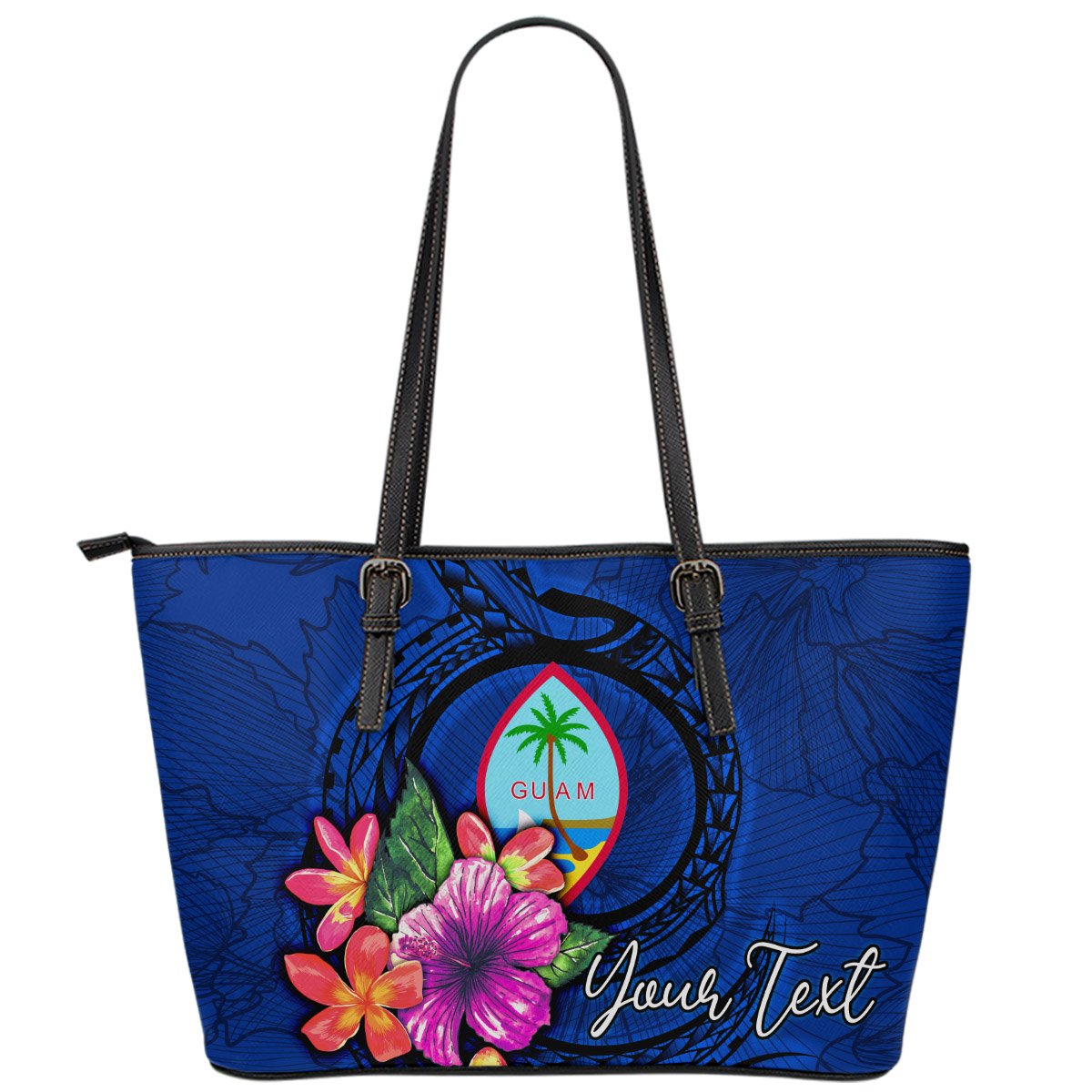 Guam Polynesian Custom Personalised Leather Tote Bag - Floral With Seal Blue Blue - Polynesian Pride