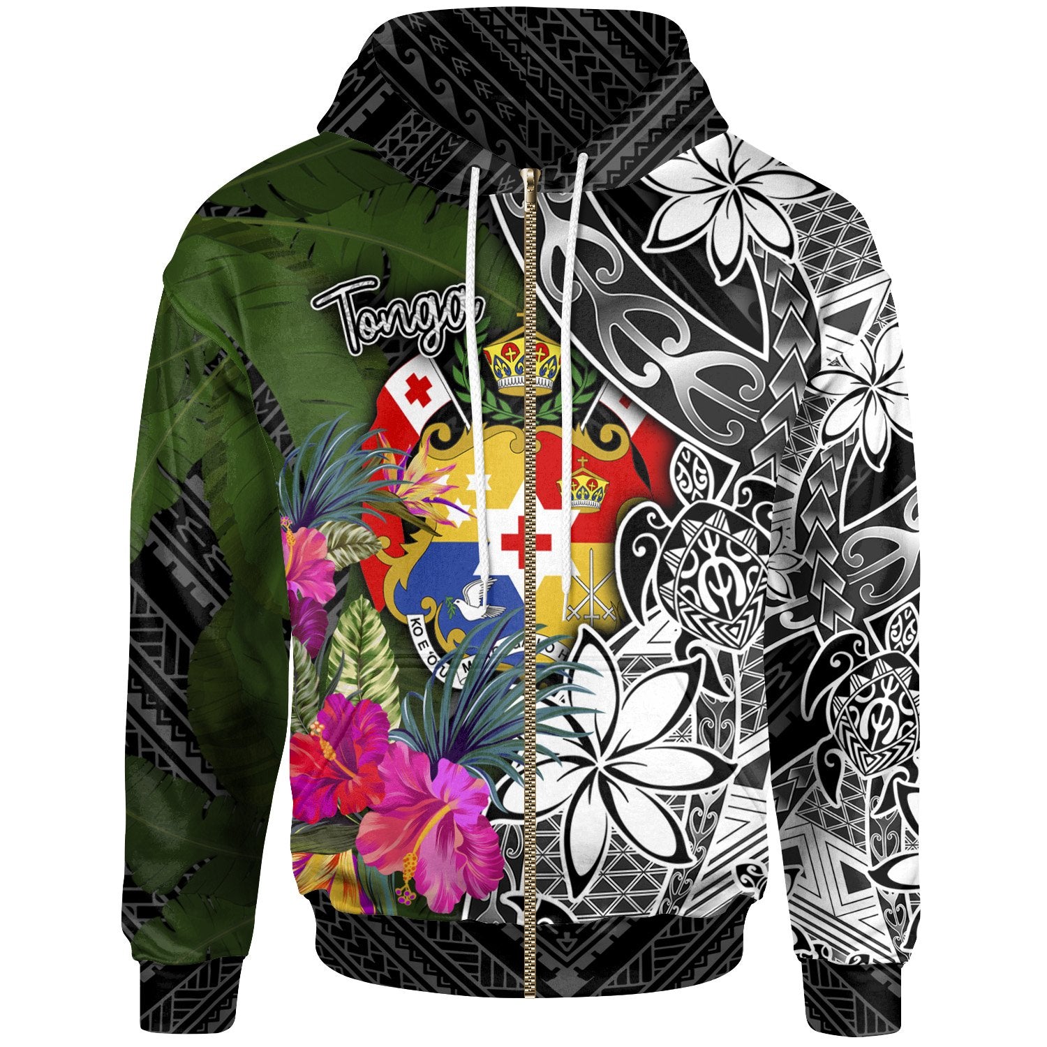 Tonga Zip up Hoodie Turtle Plumeria Banana Leaf Unisex Black - Polynesian Pride