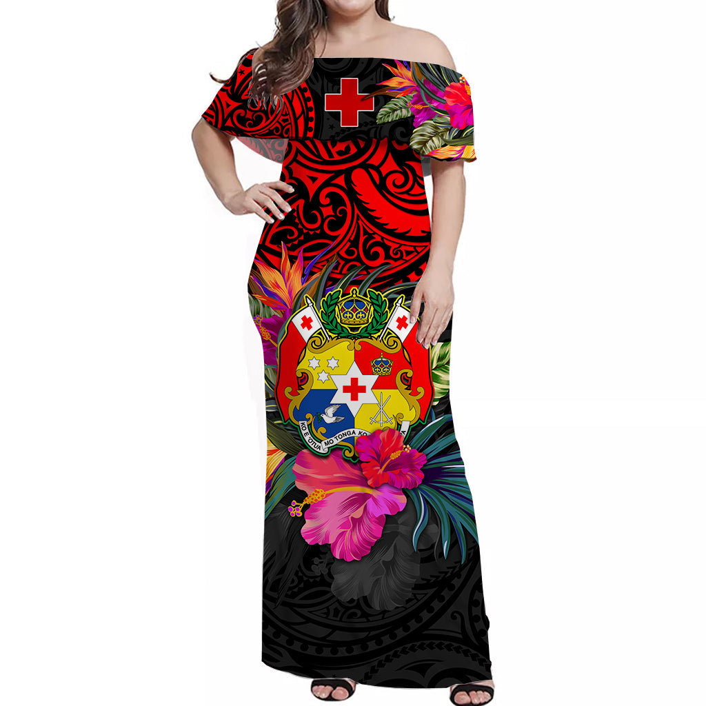 Tonga Off Shoulder Long Dress Alluring Polynesia and Tropical Flowers LT13 Women Black - Polynesian Pride