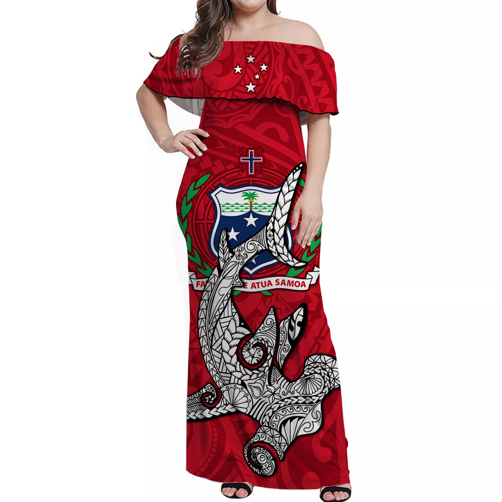 Samoa Off Shoulder Long Dress Hammerhead Shark Red LT13 Women Red - Polynesian Pride