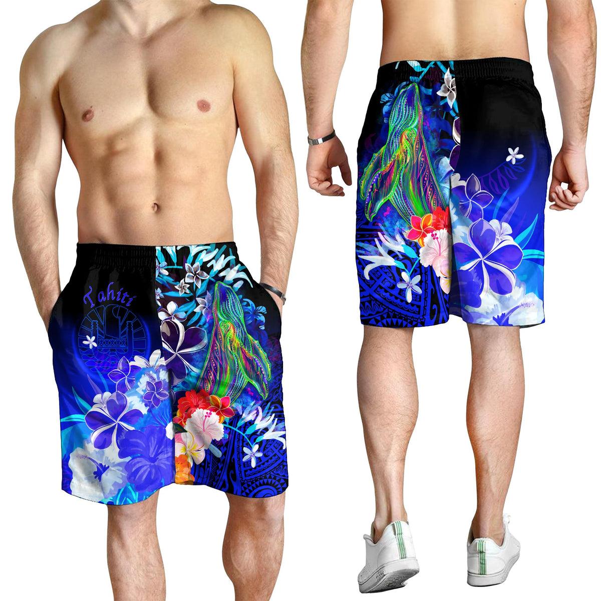 Tahiti Men's Shorts - Humpback Whale with Tropical Flowers (Blue) - Polynesian Pride