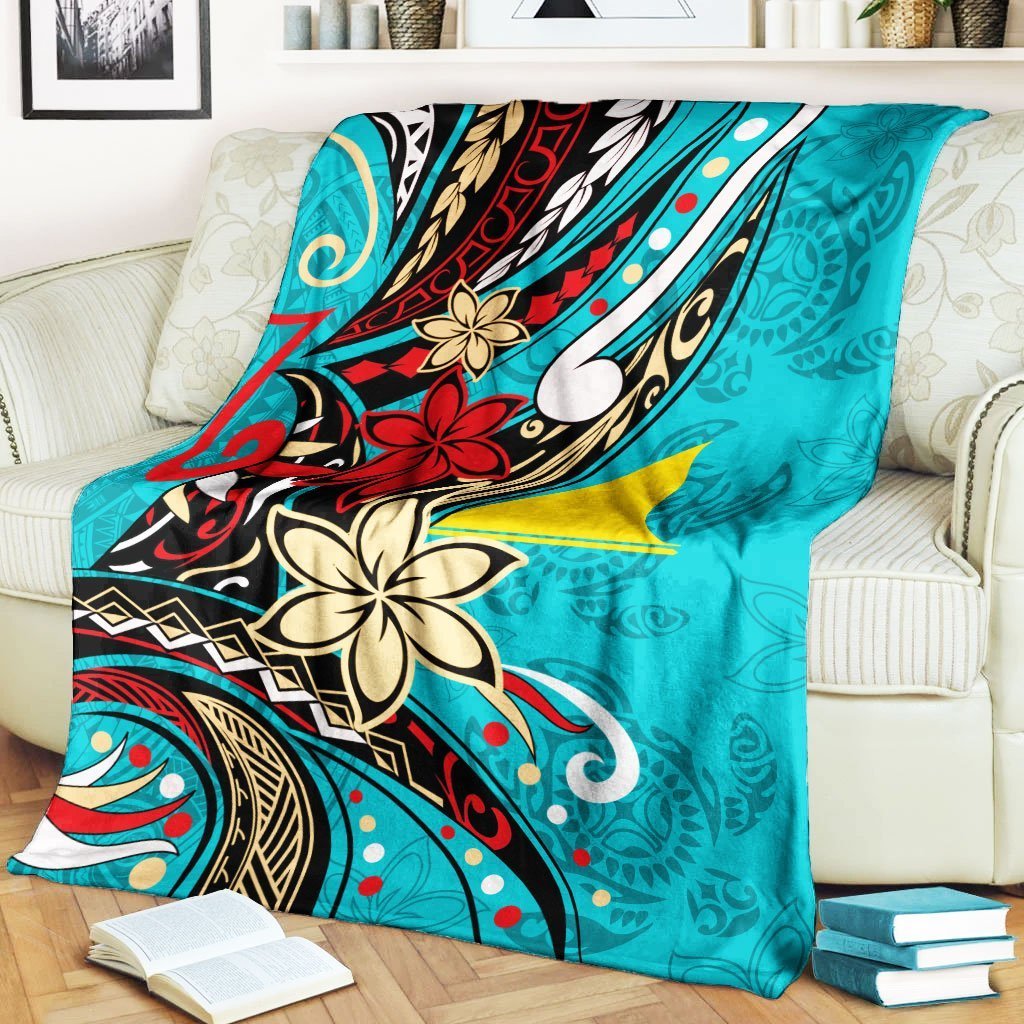 Tokelau Premium Blanket - Tribal Flower With Special Turtles Blue Color - Polynesian Pride