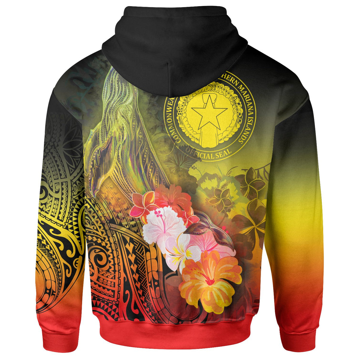 CNMI Custom Hoodie Humpback Whale with Tropical Flowers (Yellow) - Polynesian Pride