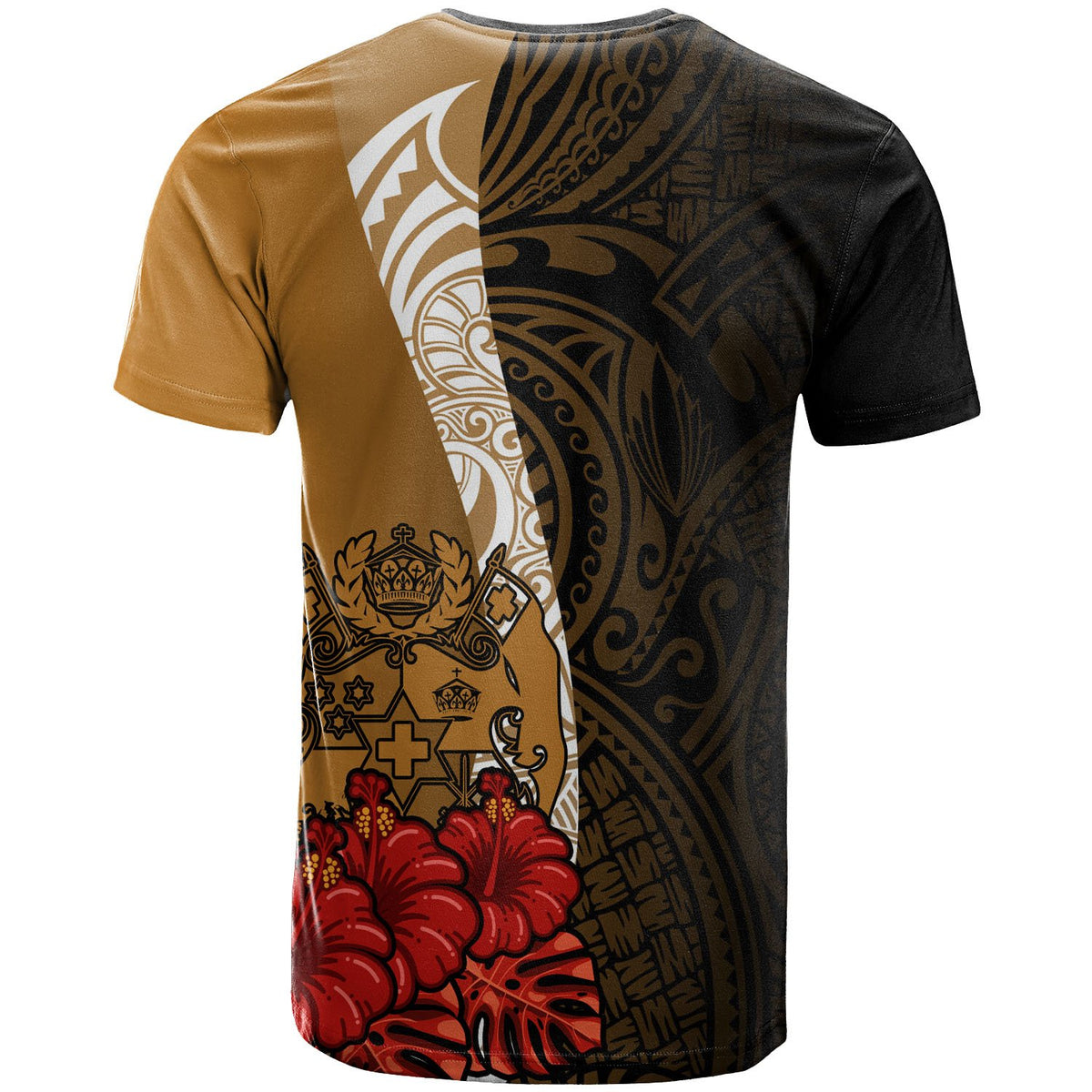 Tonga Polynesian T Shirt Coat of Arms With Hibiscus Gold - Polynesian Pride