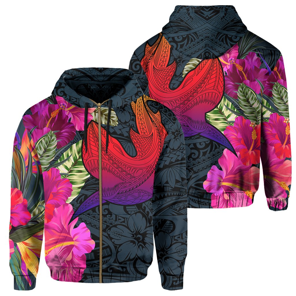 Hawaii Polynesian Hibiscus Shark Zip Hoodie Rock Style Unisex Grey - Polynesian Pride