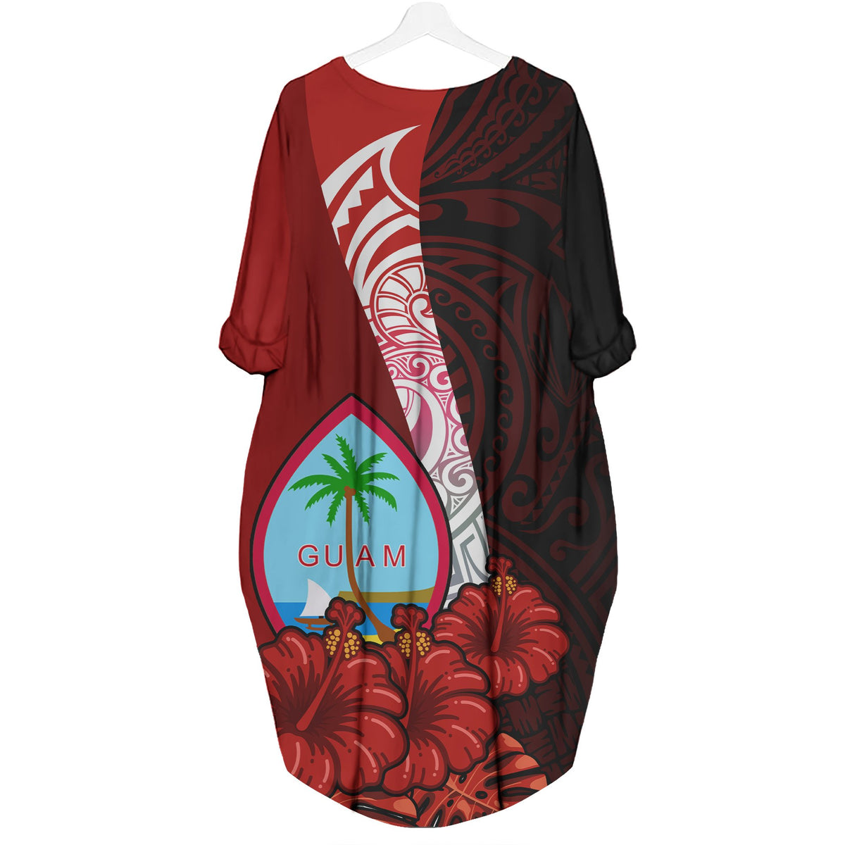 Guam Polynesian Batwing Pocket Dress - Hibiscus With Coat Of Arm - Polynesian Pride