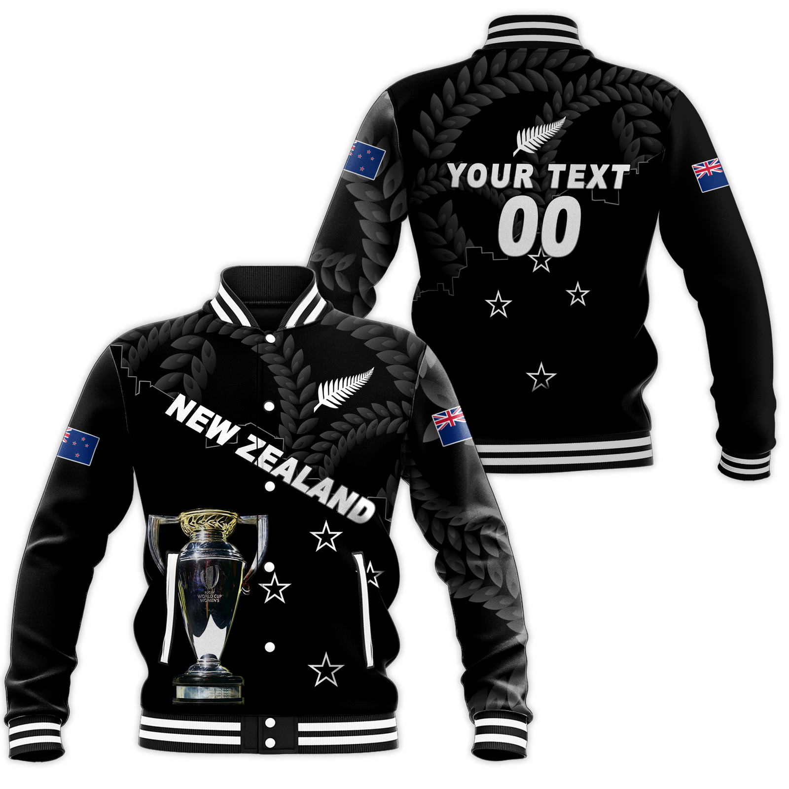 (Custom Personalised) New Zealand Champions Rugby 2022 Baseball Jacket - LT12 Unisex Black - Polynesian Pride