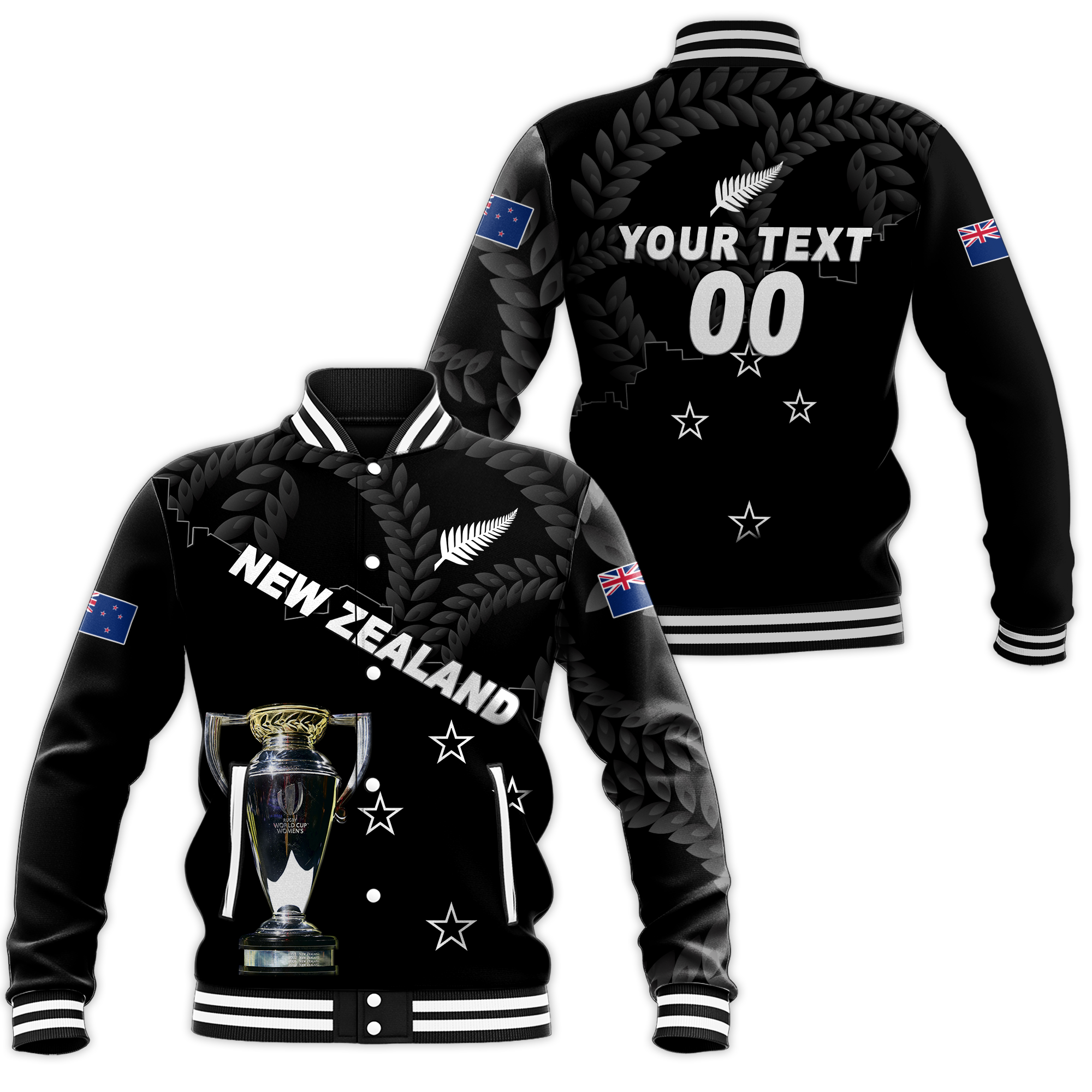 (Custom Personalised) New Zealand Champions Rugby 2022 Baseball Jacket - LT12 Unisex Black - Polynesian Pride