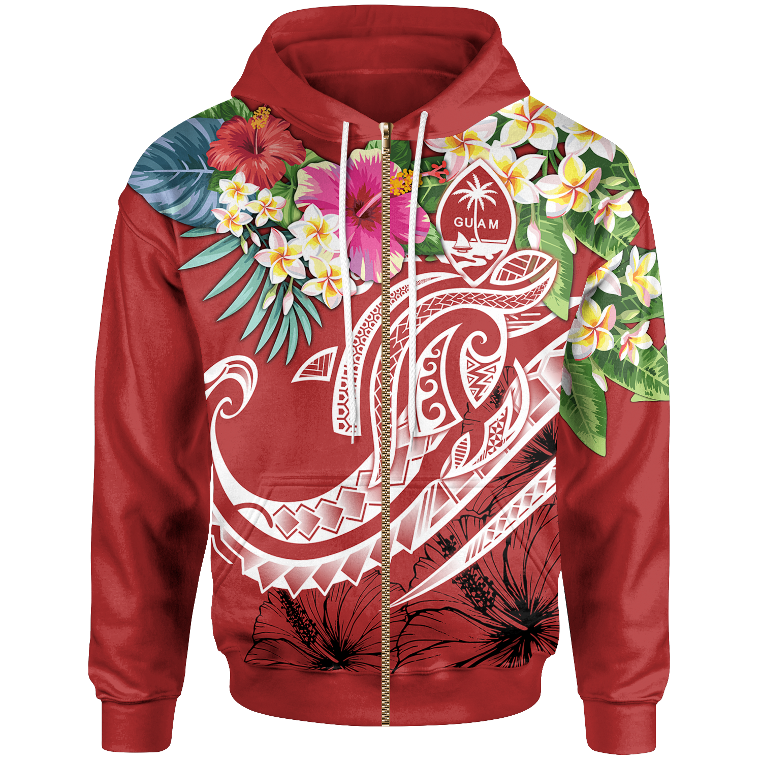 Guam Polynesian Zip up Hoodie Summer Plumeria (Black) Unisex Red - Polynesian Pride