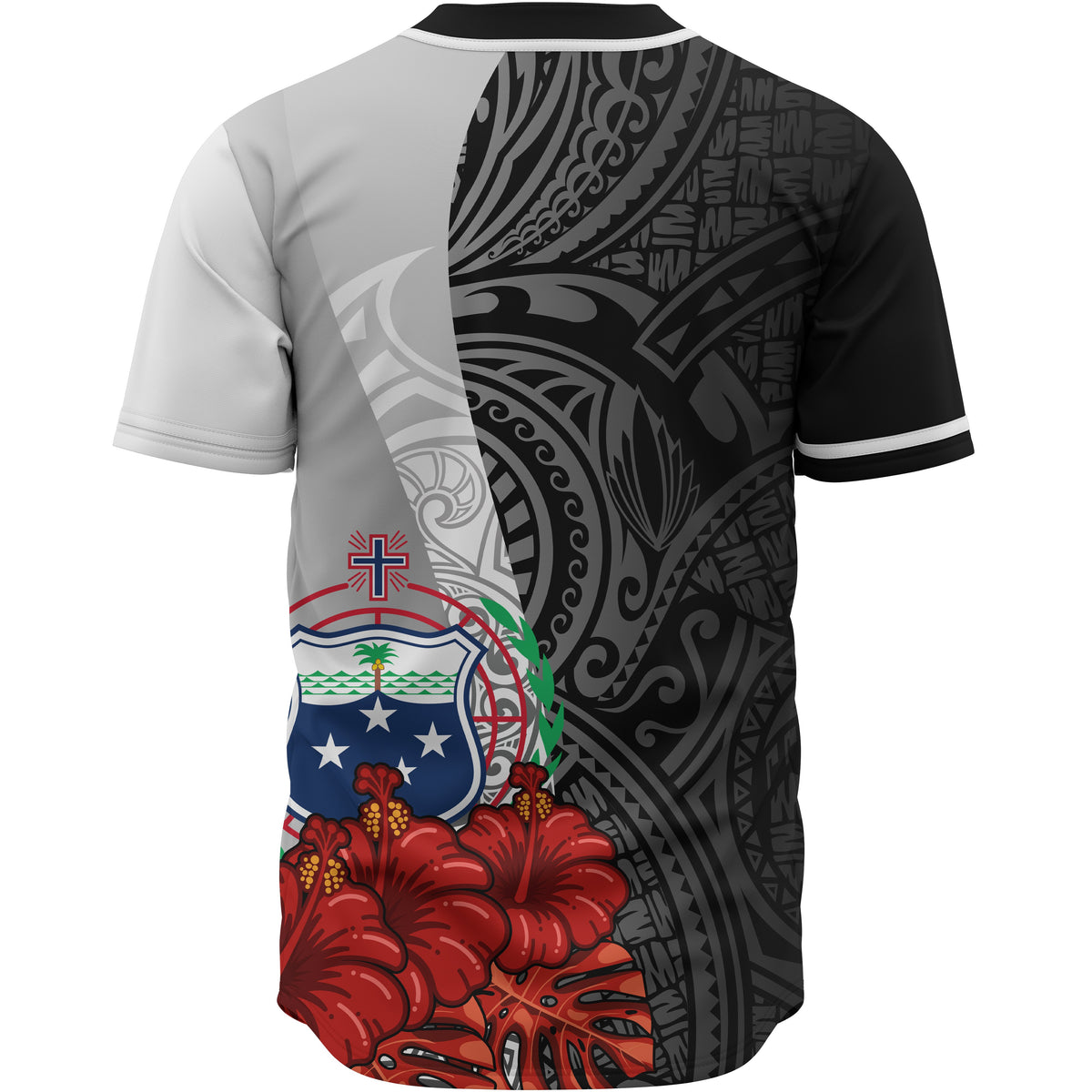 Samoa Polynesian Baseball Shirt - Coat Of Arm With Hibiscus White - Polynesian Pride
