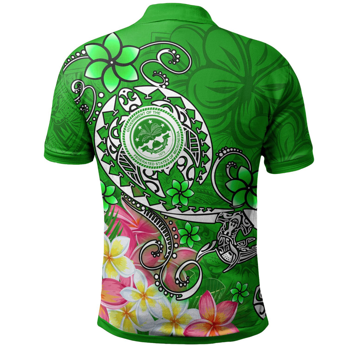 FSM Custom Polo Shirt Turtle Plumeria (Green) - Polynesian Pride