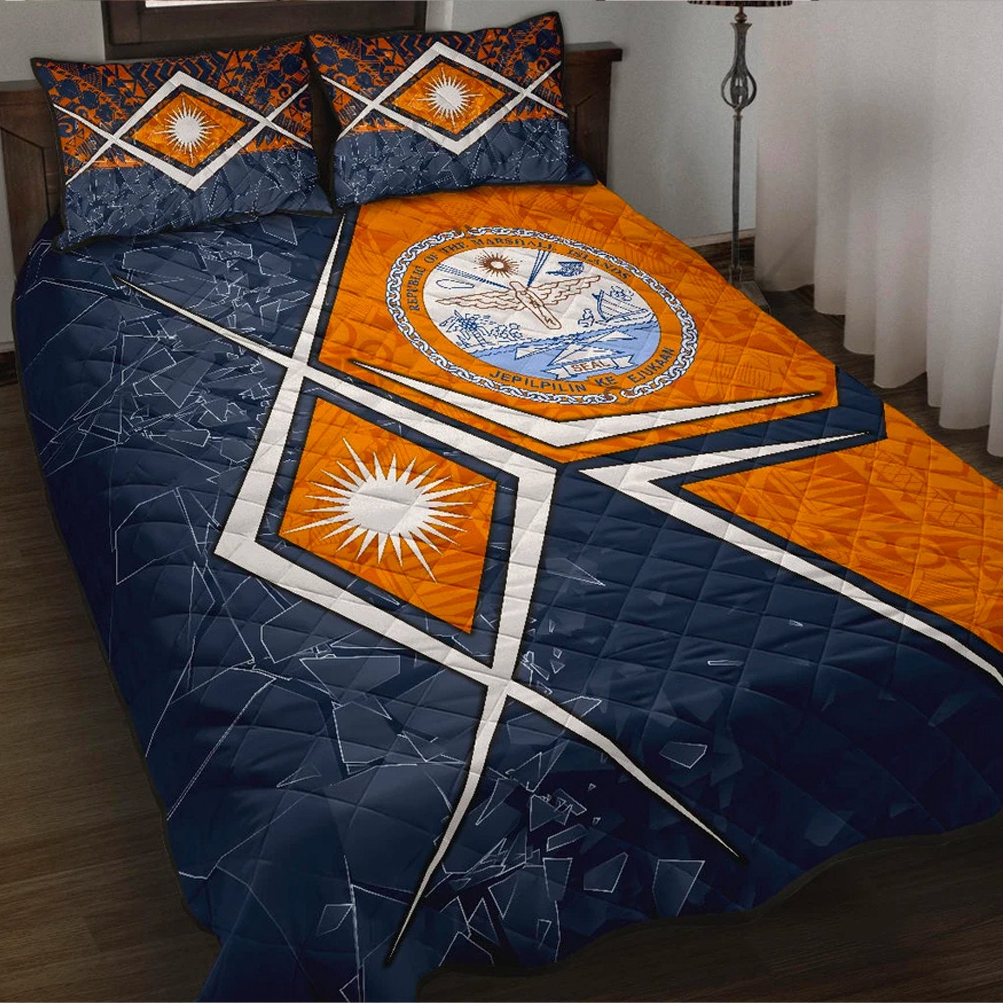 Marshall Islands Quilt Bed Set - Marshall Islands Flag with Polynesian Patterns Orange - Polynesian Pride