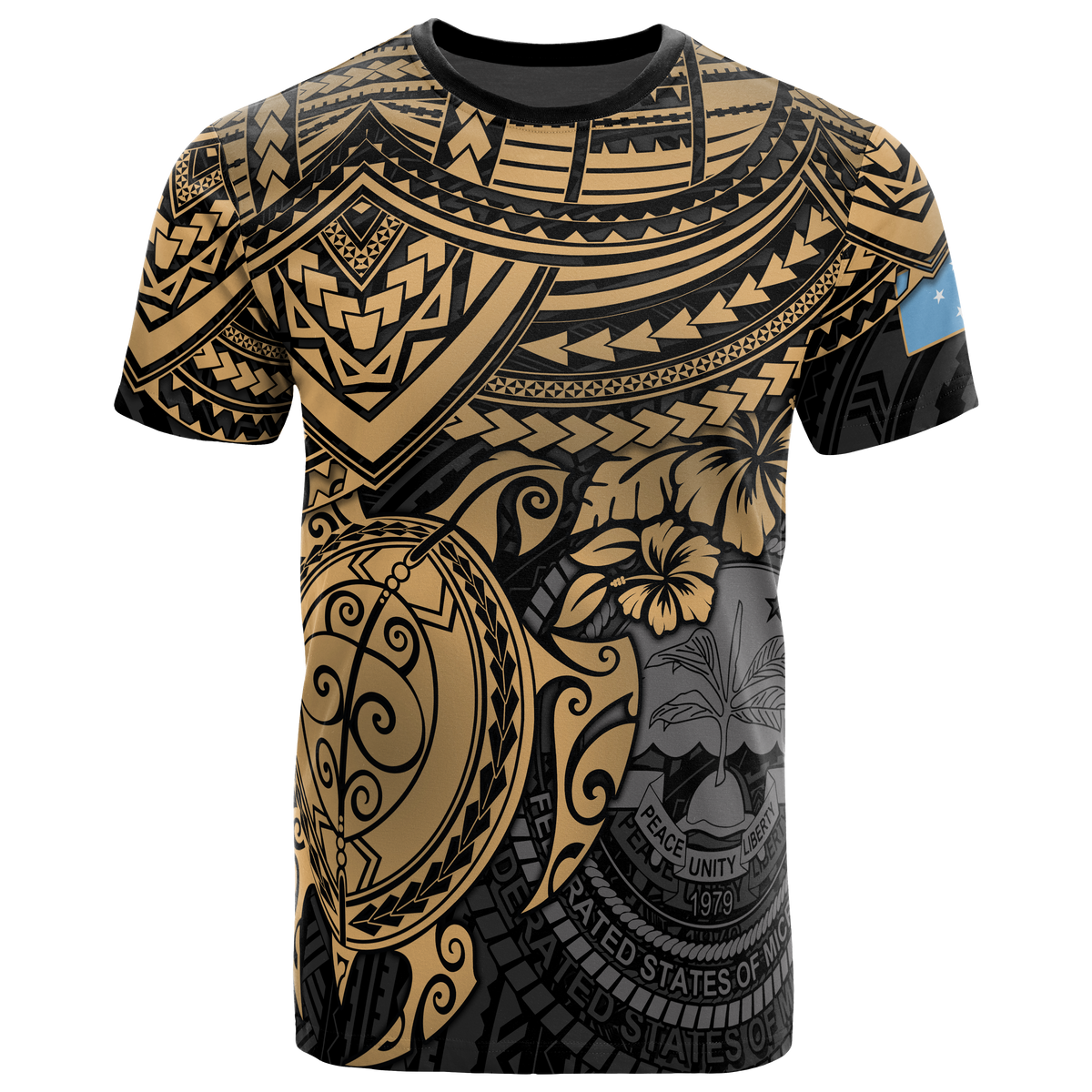 Federated States of Micronesia T Shirt F S M Seal Golden Turtle Hibiscus Unisex BLACK - Polynesian Pride