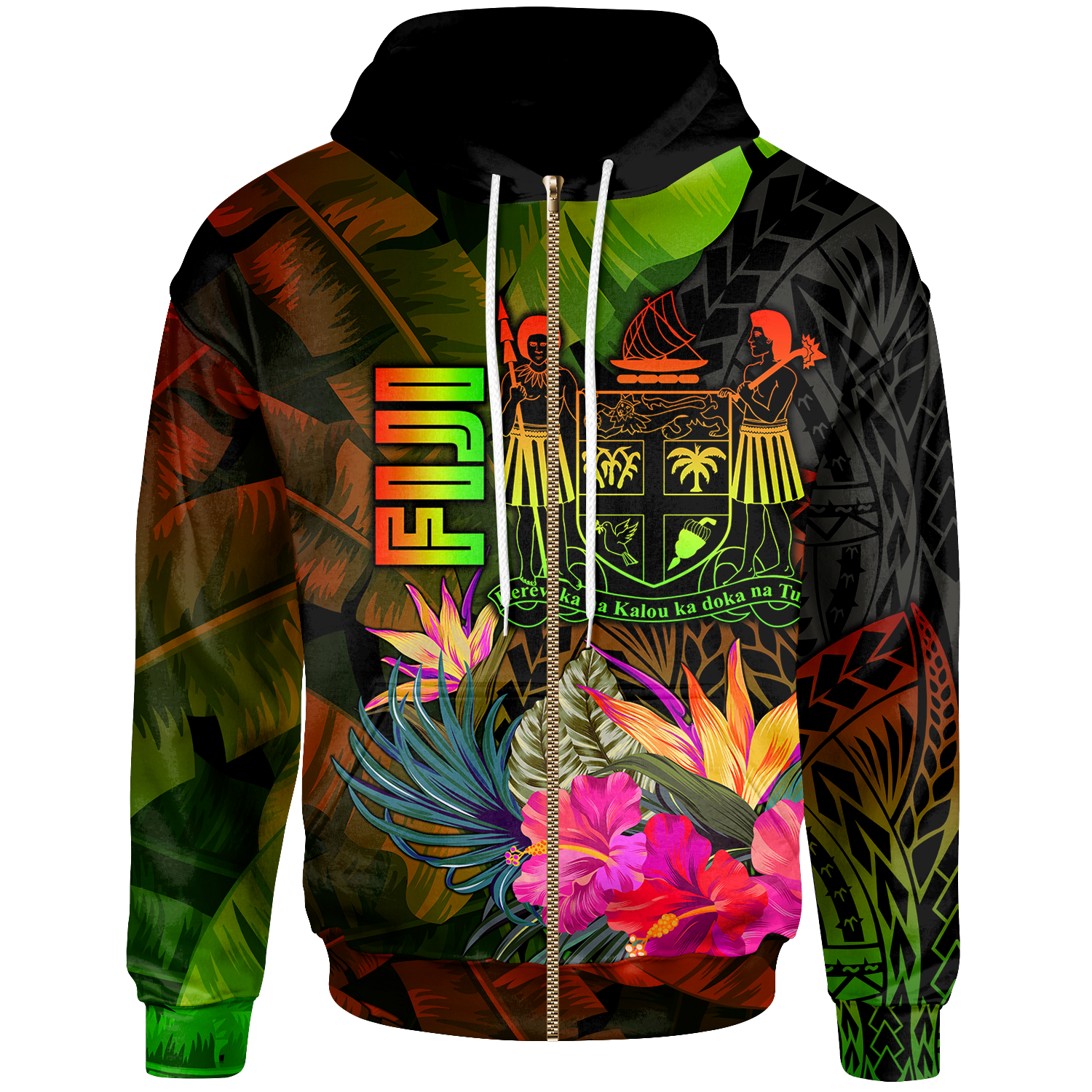 Fiji Polynesian Zip up Hoodie Hibiscus and Banana Leaves Unisex Reggae - Polynesian Pride