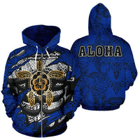 Aloha Turtle Hibiscus Polynesian Blue Zip up Hoodie Unisex White - Polynesian Pride