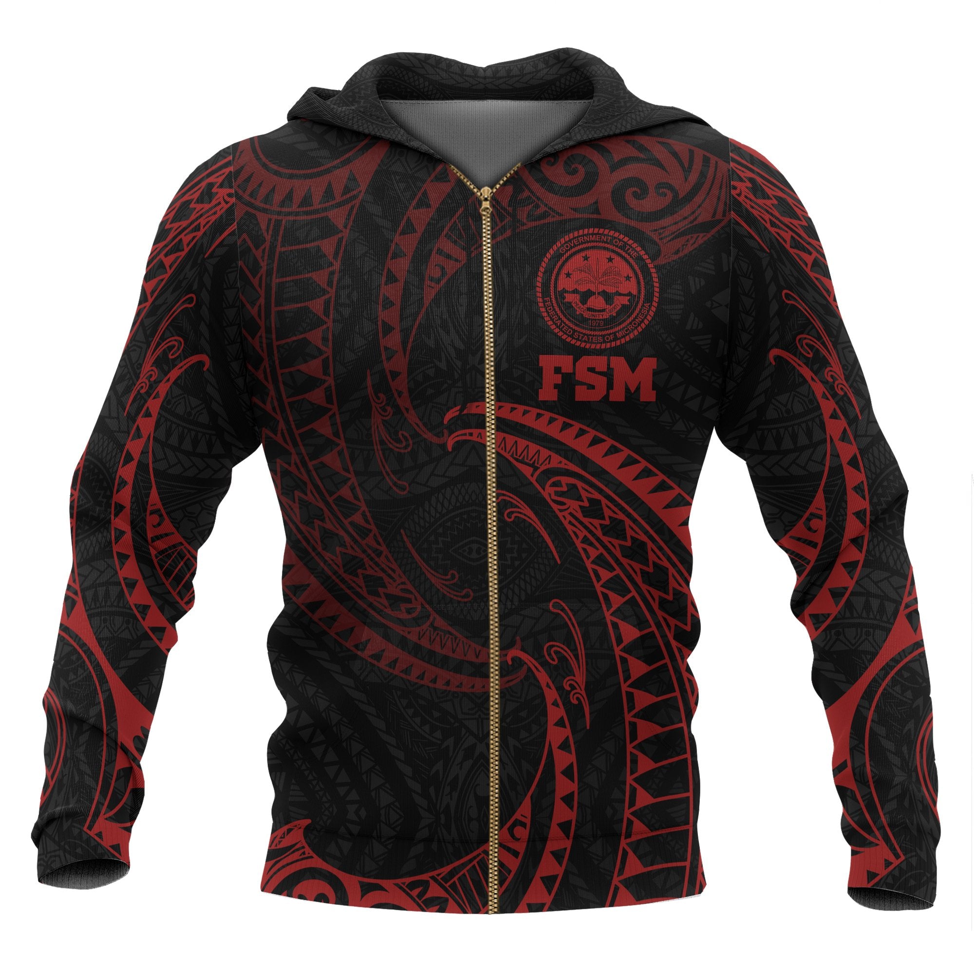 Federated States of Micronesia All Over Zip up Hoodie Red Tribal Wave Unisex Red - Polynesian Pride