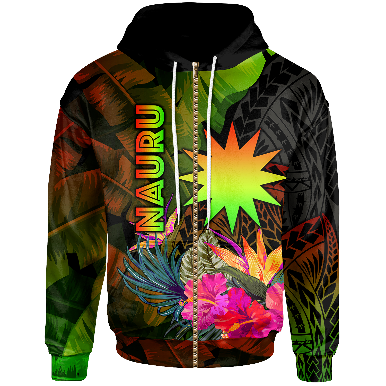 Nauru Polynesian Zip up Hoodie Hibiscus and Banana Leaves Unisex Reggae - Polynesian Pride