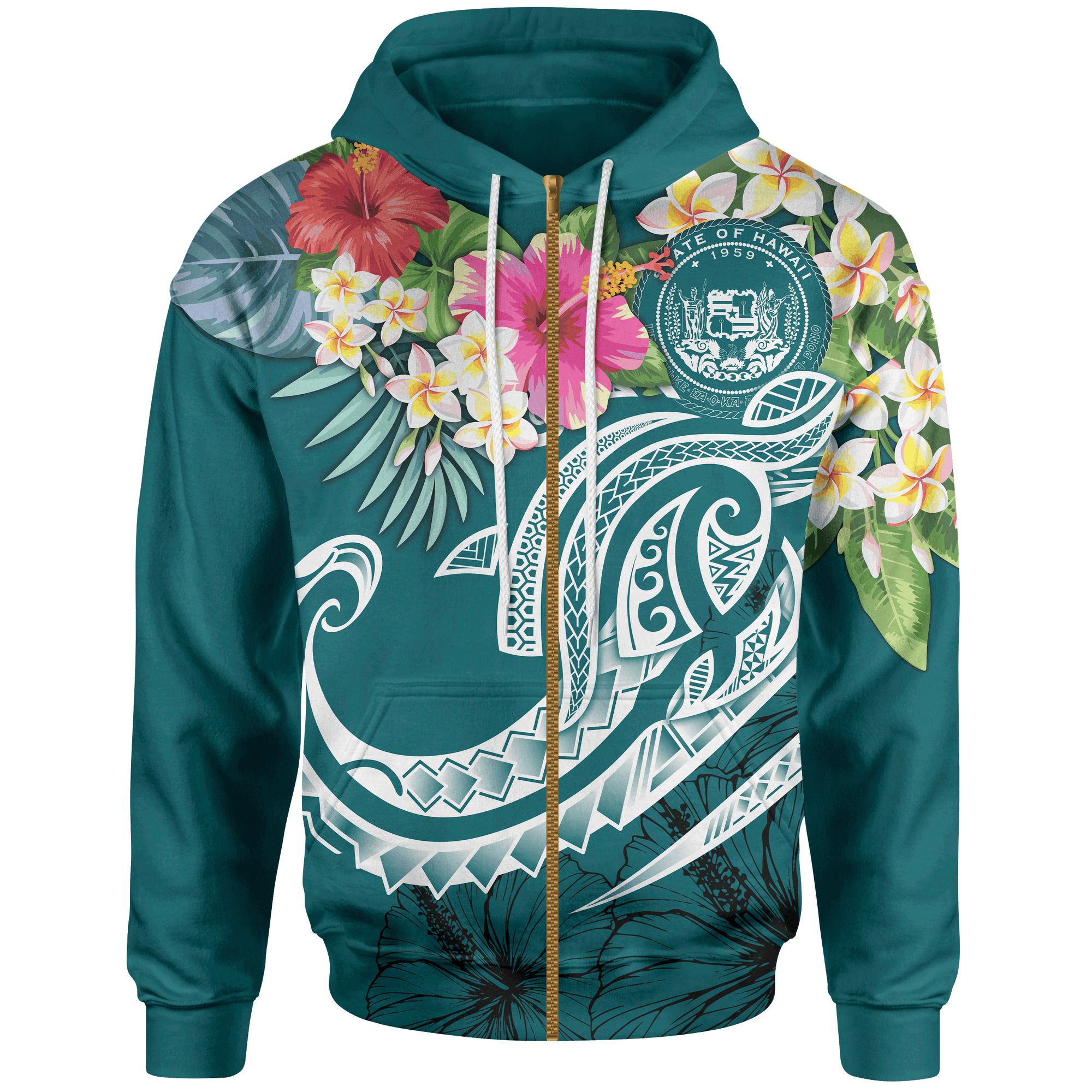 Polynesian Hawaii Zip up Hoodie Summer Plumeria Unisex Blue - Polynesian Pride