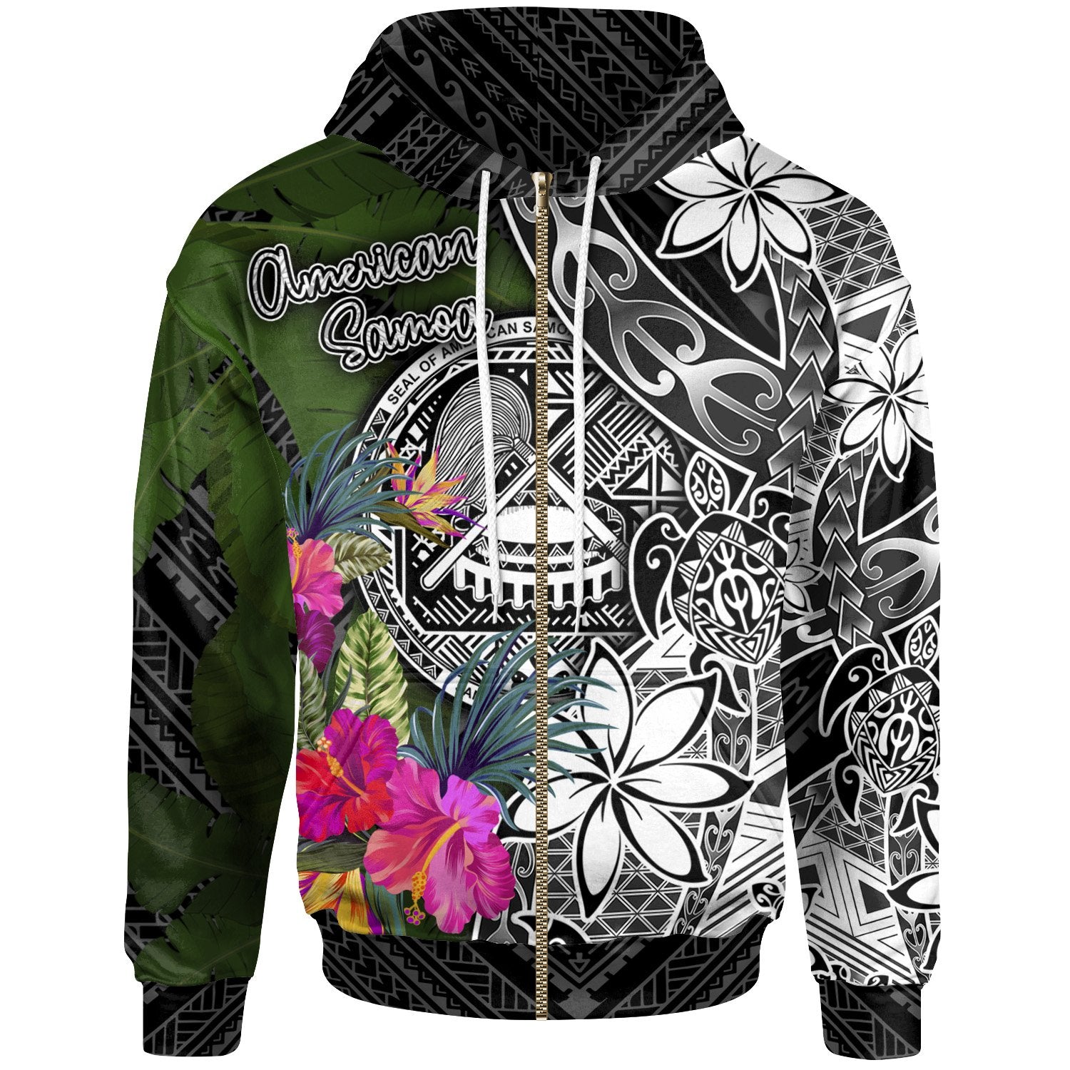 American Samoa Zip up Hoodie Turtle Plumeria Banana Leaf Unisex Black - Polynesian Pride