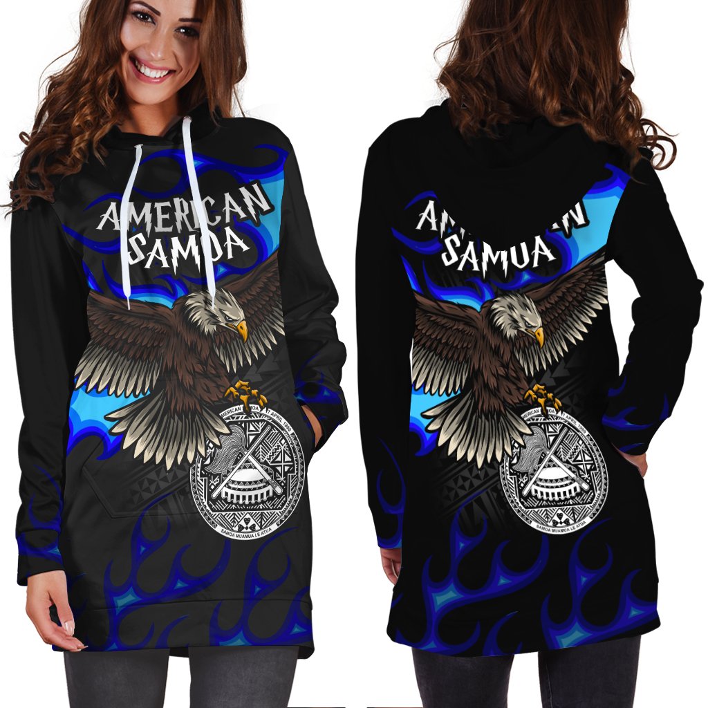 American Samoa Polynesian Hoodie Dress - Eagle With Flame Blue - Polynesian Pride