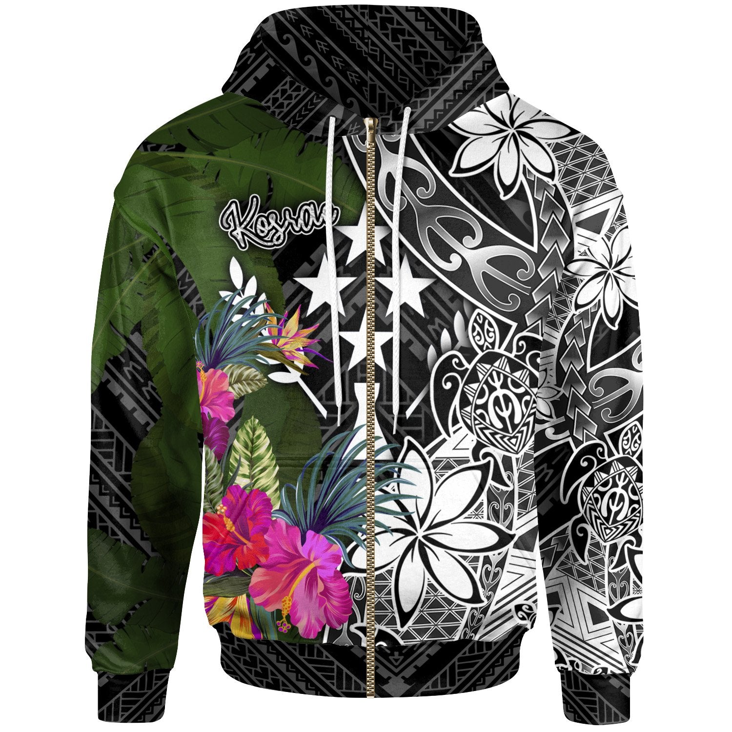 Kosrae Zip up Hoodie Turtle Plumeria Banana Leaf Unisex Black - Polynesian Pride