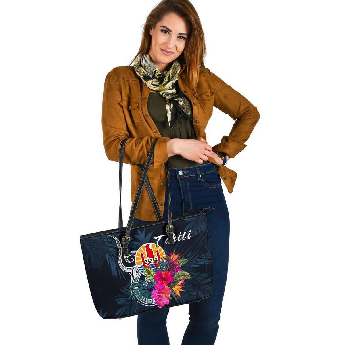 Tahiti Polynesian Large Leather Tote - Tropical Flower - Polynesian Pride