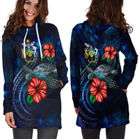 Solomon Islands Polynesian Hoodie Dress - Blue Turtle Hibiscus - Polynesian Pride