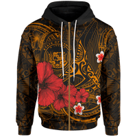 Polynesian Hawaii Zip up Hoodie Humpback Whale with Hibiscus (Golden) Unisex Golden - Polynesian Pride