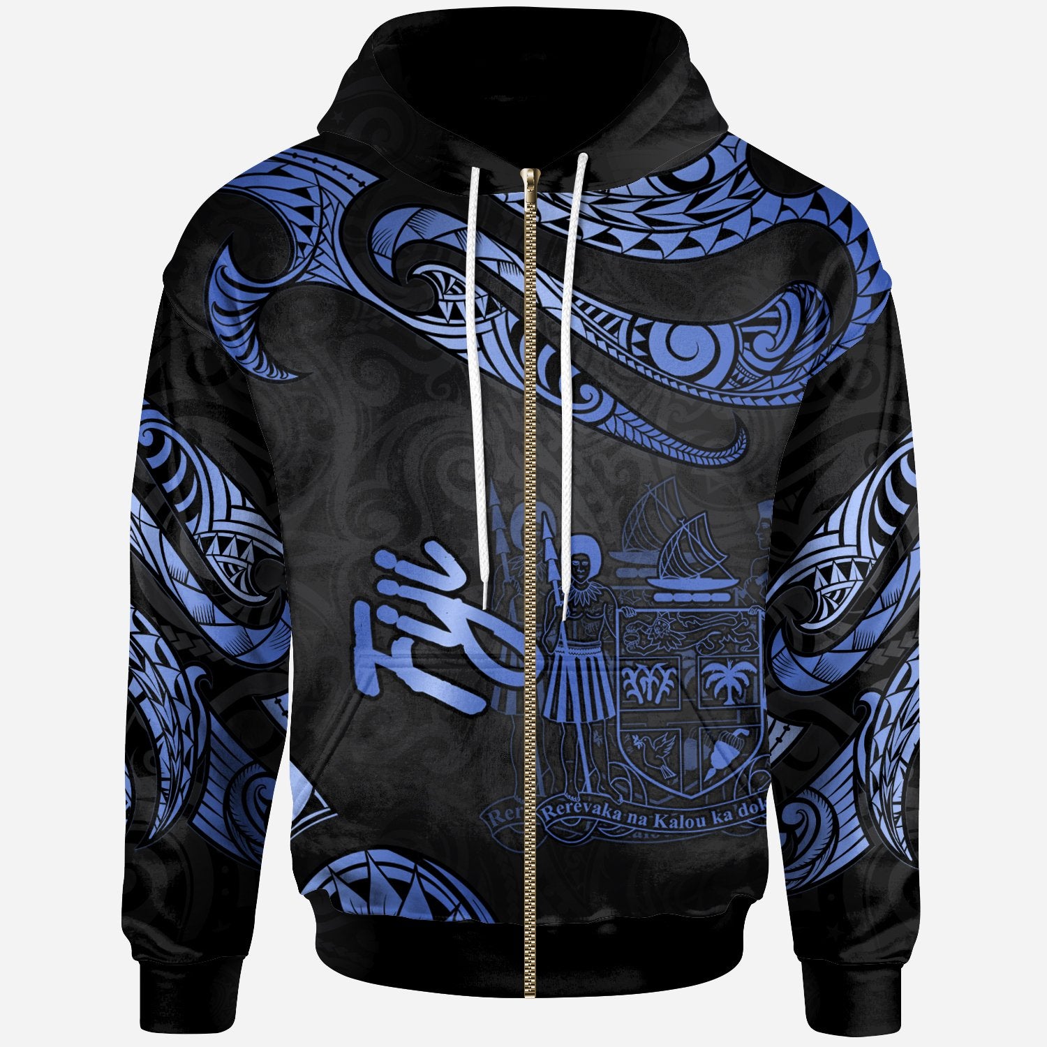 Fiji Polynesian Zip Hoodie Polynesian Tattoo Blue Version Unisex Blue - Polynesian Pride