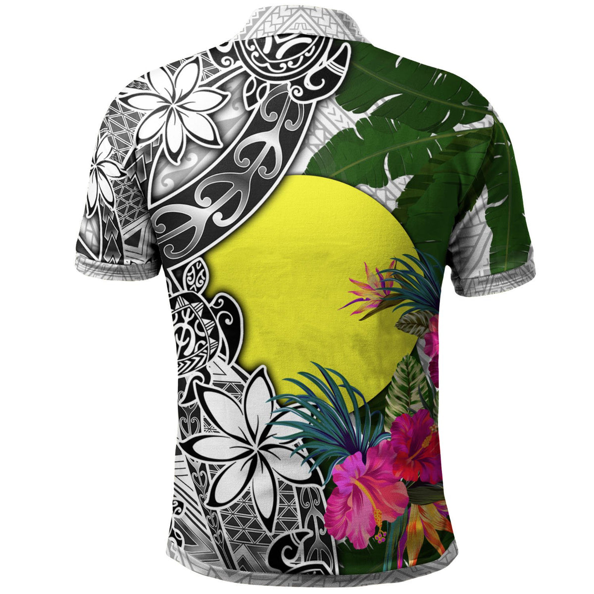 Palau Custom Polo Shirt White Turtle Plumeria Banana Leaf - Polynesian Pride