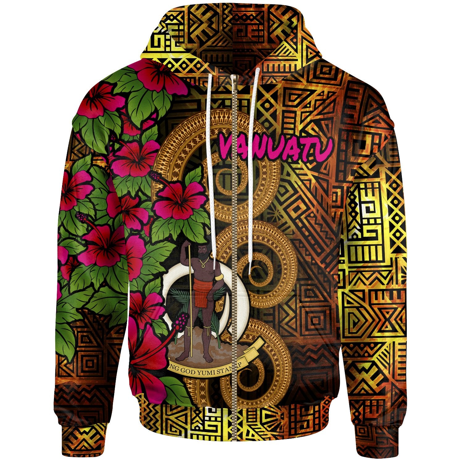 Vanuatu Polynesian Zip up Hoodie Hibiscus Vintage Unisex Orange - Polynesian Pride