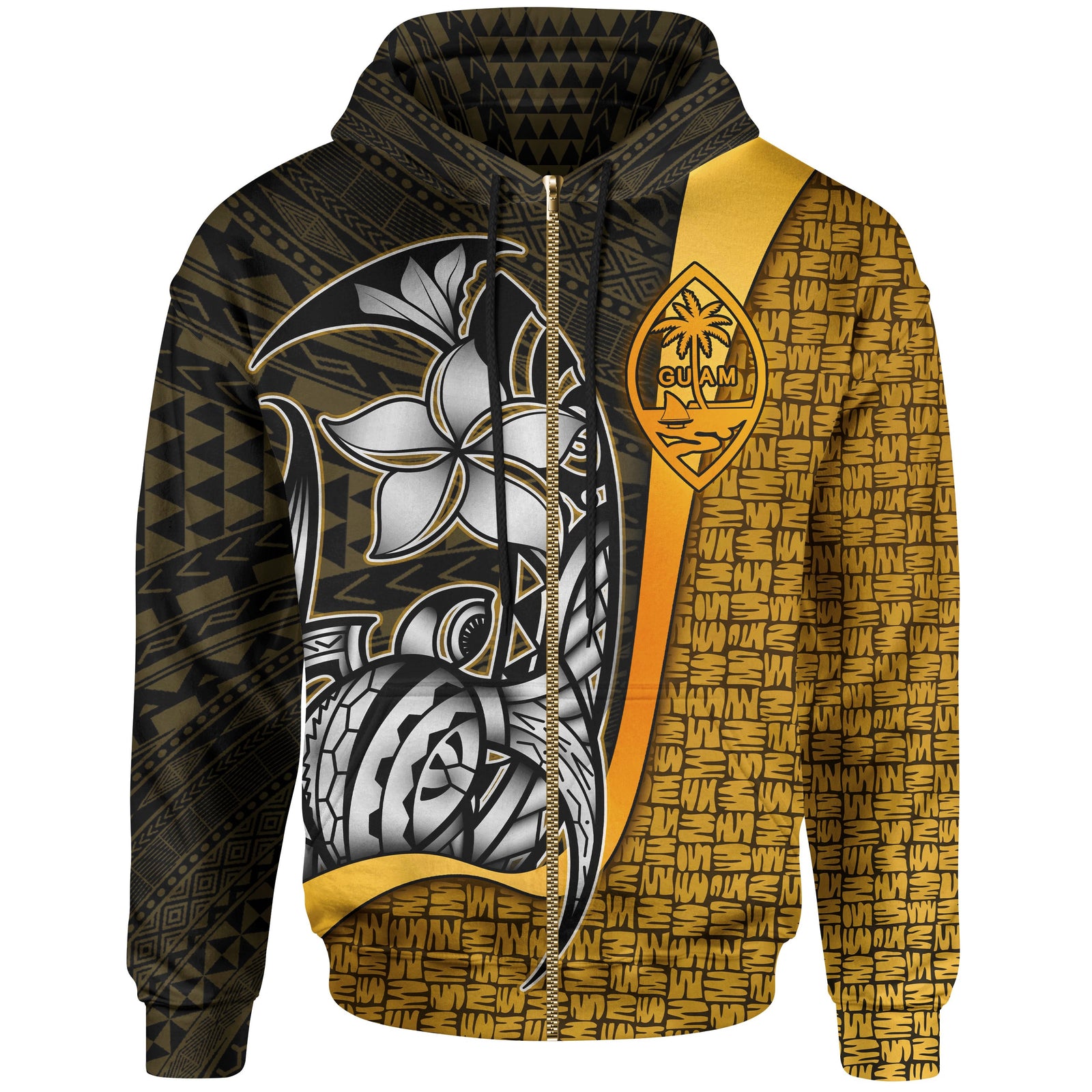 Guam Polynesian Zip up Hoodie Gold Turtle with Hook Unisex GOLD - Polynesian Pride
