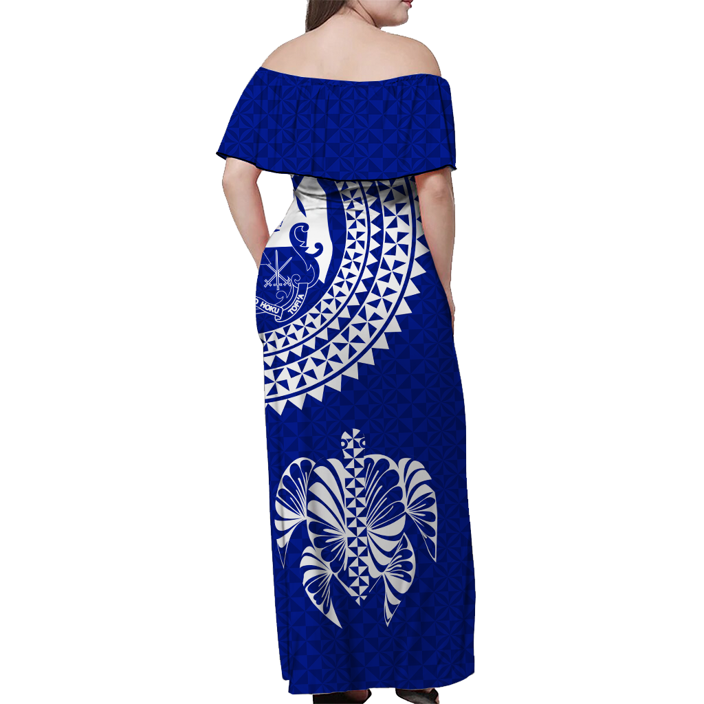 Tonga Women Off Shoulder Long Dress Tongan Blue Turtle - LT12 - Polynesian Pride