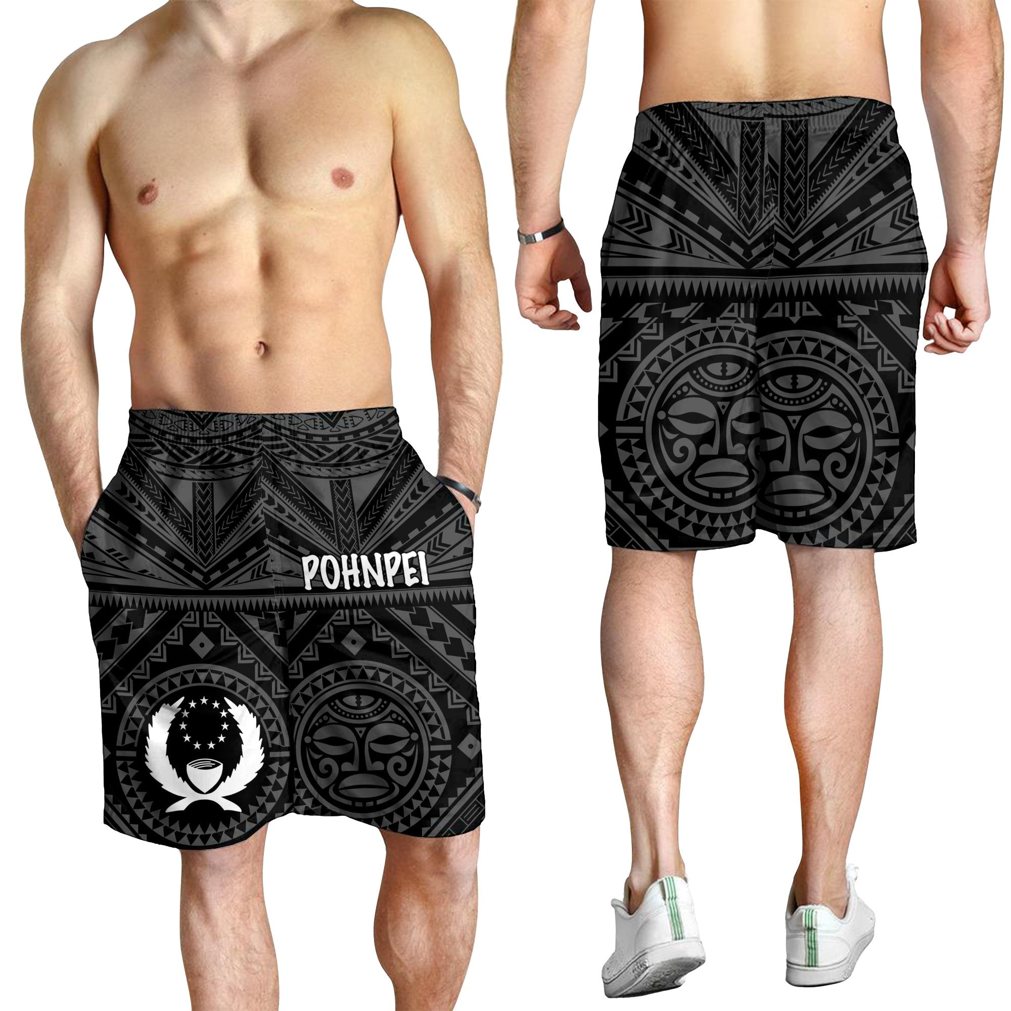 Pohnpei Men's Short - Pohnpei Seal With Polynesian Tattoo Style ( Black) - Polynesian Pride