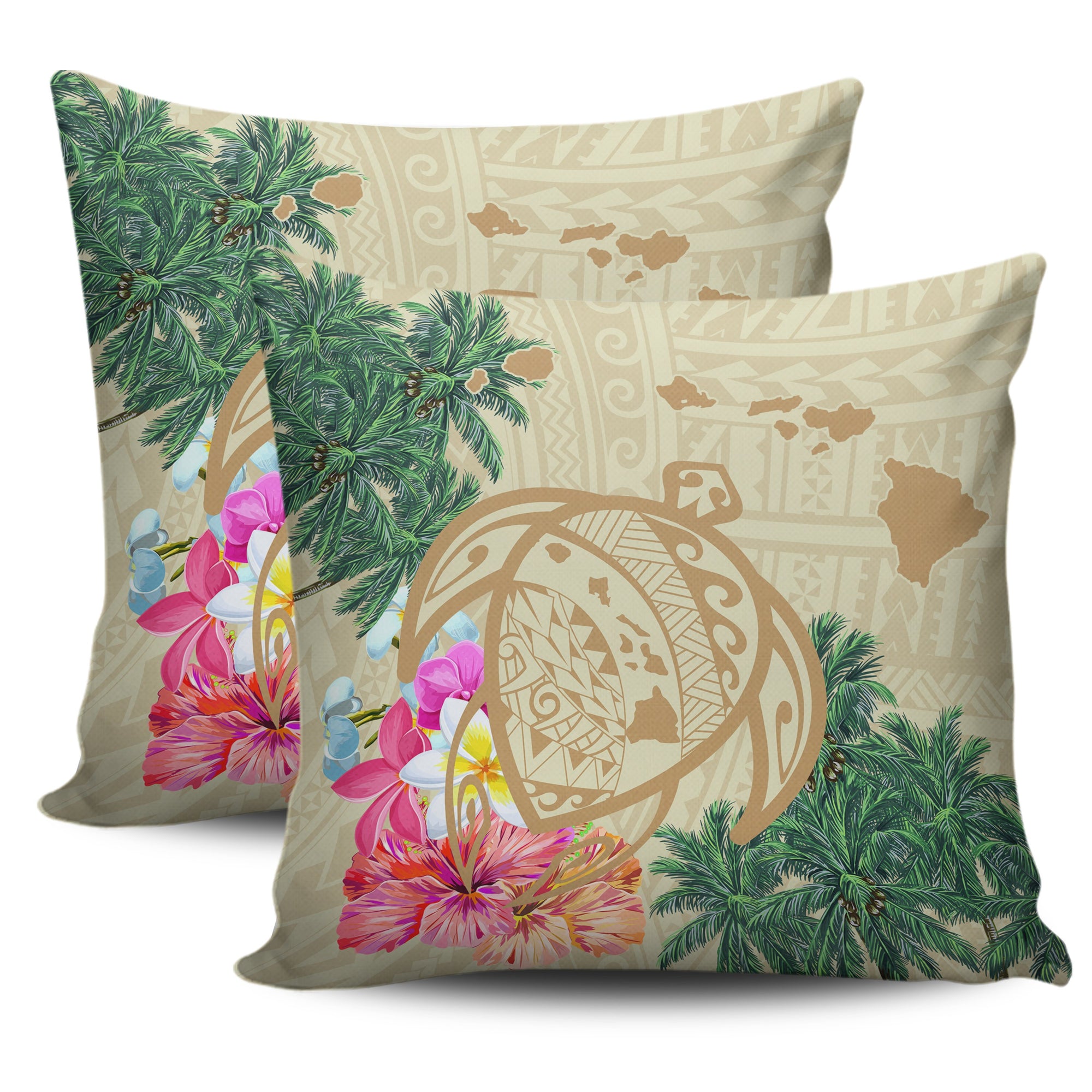 Hawaii Kanaka Maoli Polynesian Flowers Turtle Pillow Covers One Size Zippered Pillow Cases 18"x 18" (Twin Sides) (Set of 2) Beige - Polynesian Pride