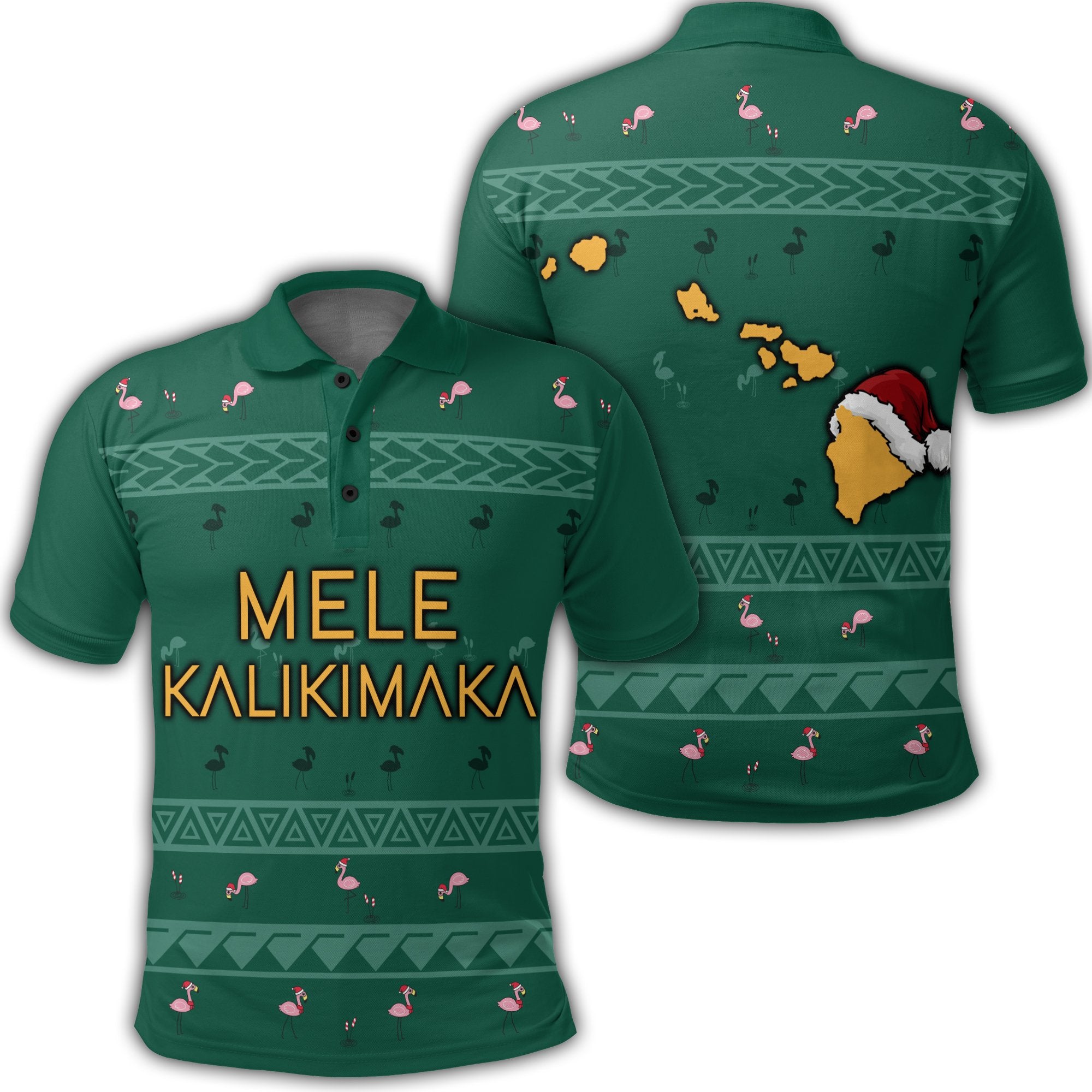 Hawaiian Map Polynesian Mele Kalikimaka Flamingo Christmas Polo Shirt Unisex Green - Polynesian Pride