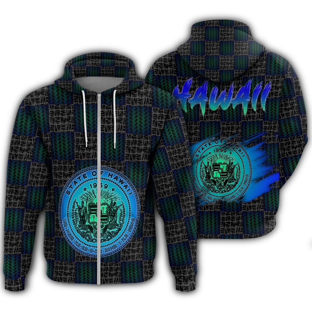 Hawaiian Hawaii Coat of Arms Inside Zipper Hoodie Blue Glow Style Unisex Art - Polynesian Pride