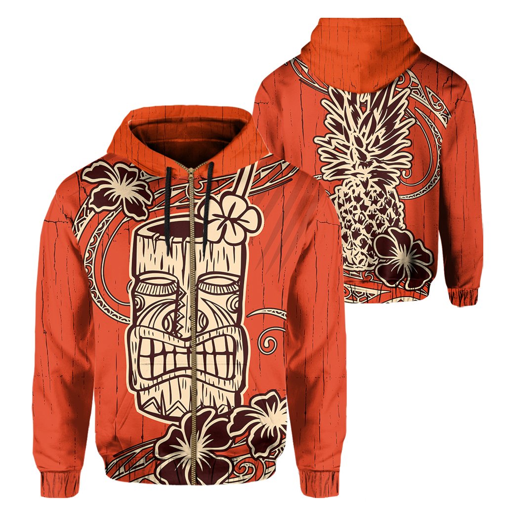 Hawaii Tiki Polynesian Zip Hoodie Orange Unisex Orange - Polynesian Pride