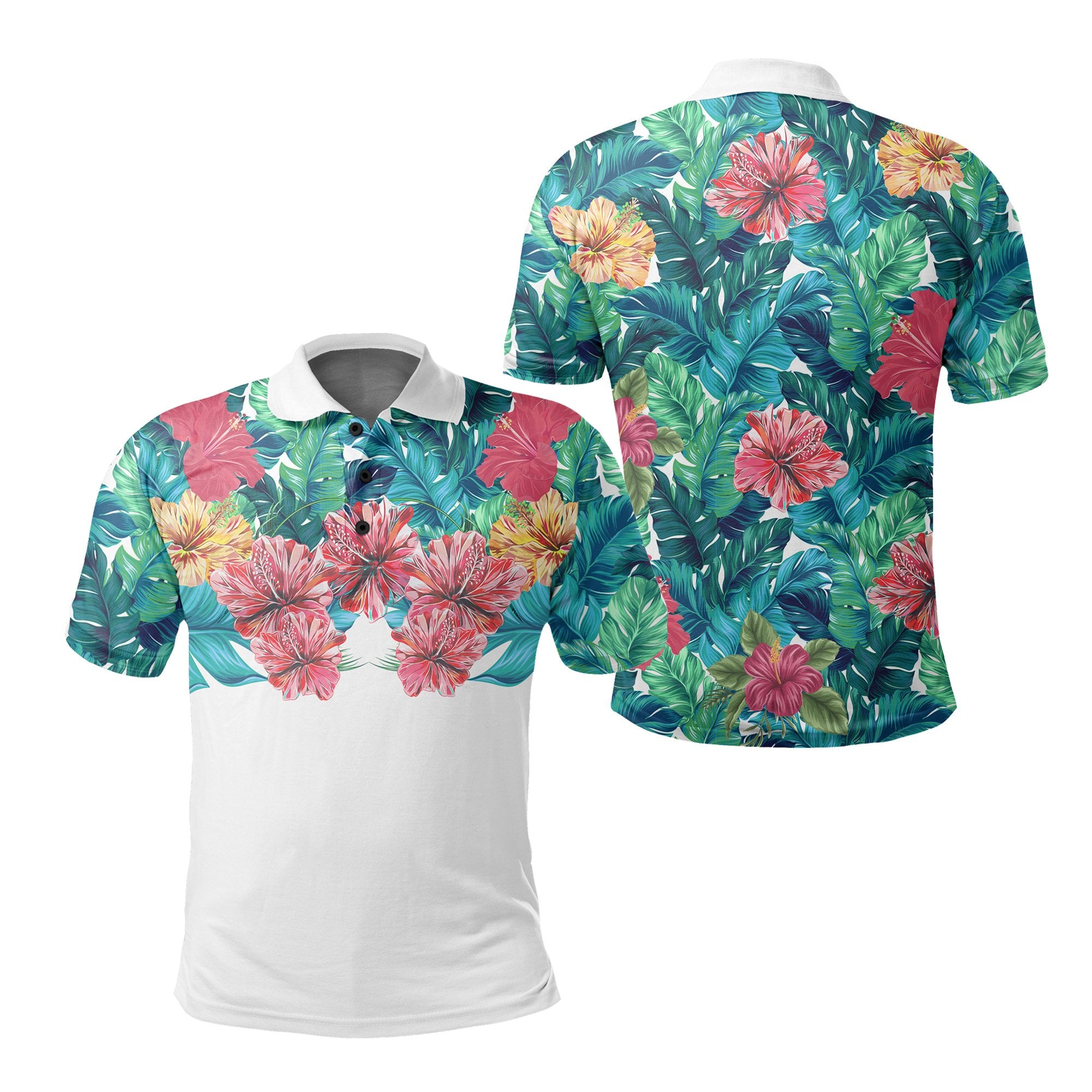 Tropic Hibiscus Hawaii Polo Shirt White White - Polynesian Pride