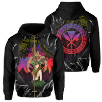 Polynesian Warrior Hula Girl Kanaka Hawaii Zip Hoodie Unisex Black - Polynesian Pride