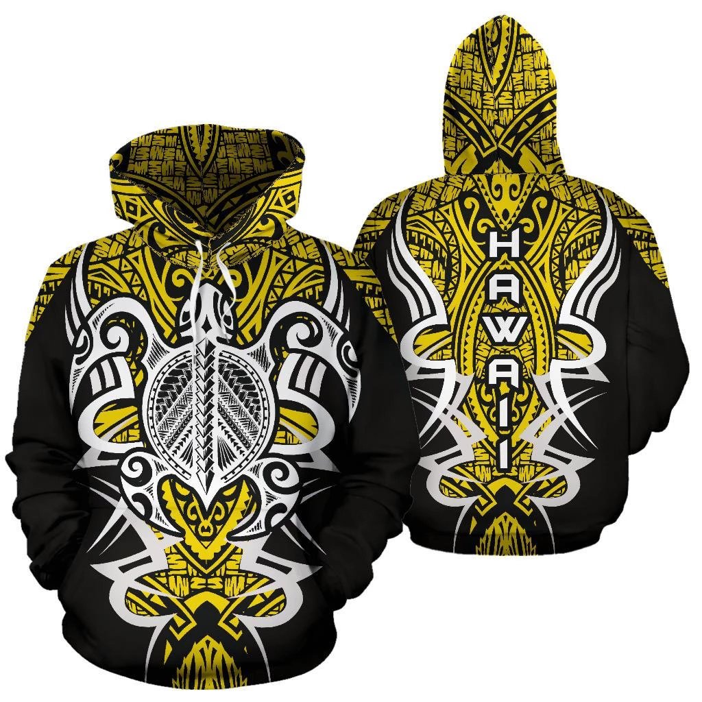 Hawaii Turtle Tribal Yellow Hoodie Armor Style Unisex Yellow - Polynesian Pride